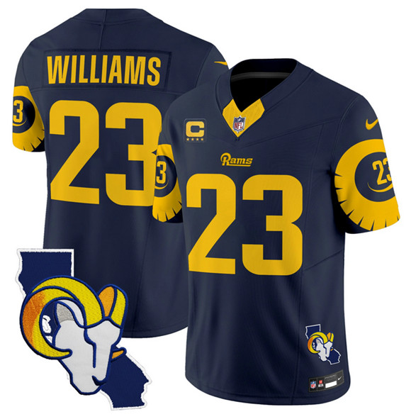 Men's Los Angeles Rams #23 Kyren Williams Navy 2025 4-Star C Patch F.U.S.E. V2 Limited Stitched Football Jersey